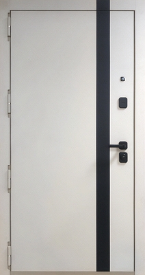 Квартирная стальная дверь с МДФ белого цвета и черной вертикальной полосой Квартирная стальная дверь с МДФ белого цвета и черной вертикальной полосой