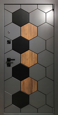 Стальная дверь с декоративными плитами МДФ серого цвета со вставками ПВХ Стальная дверь с декоративными плитами МДФ серого цвета со вставками ПВХ