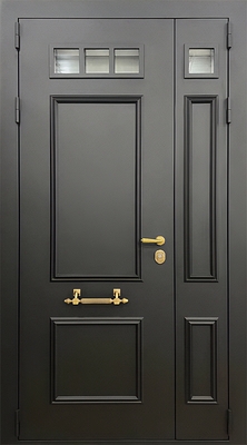 Металлобагетная полуторная термодверь с остеклением и парадной ручкой (черная порошковая покраска) Металлобагетная полуторная термодверь с остеклением и парадной ручкой (черная порошковая покраска)